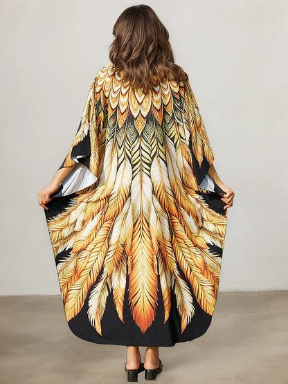 XITAO V-neck Side Slit A-line Dress Bat Wing Sleeve Loose Print Slimming All-match Pullover Elegant Summer Woman Dress GJ1199