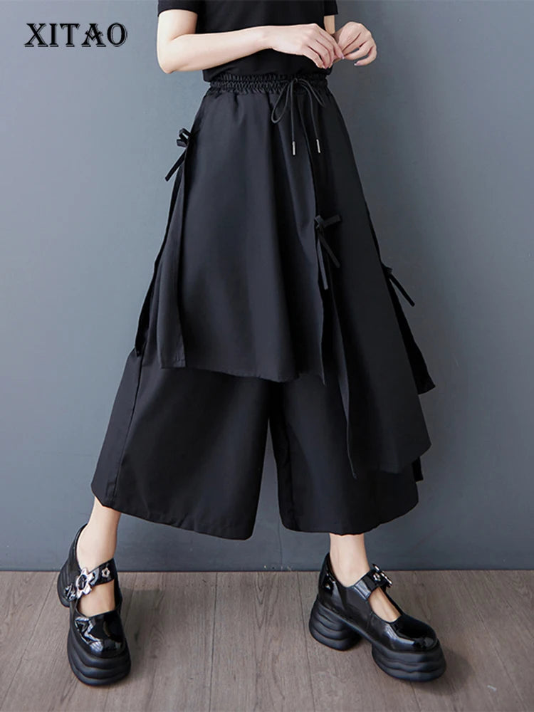 XITAO Asymmetric Drawstring Elastic Waist Pant Casual Solid Color Loose Fitting Fashion Fake Two Pieces Women Pant ZMY1045