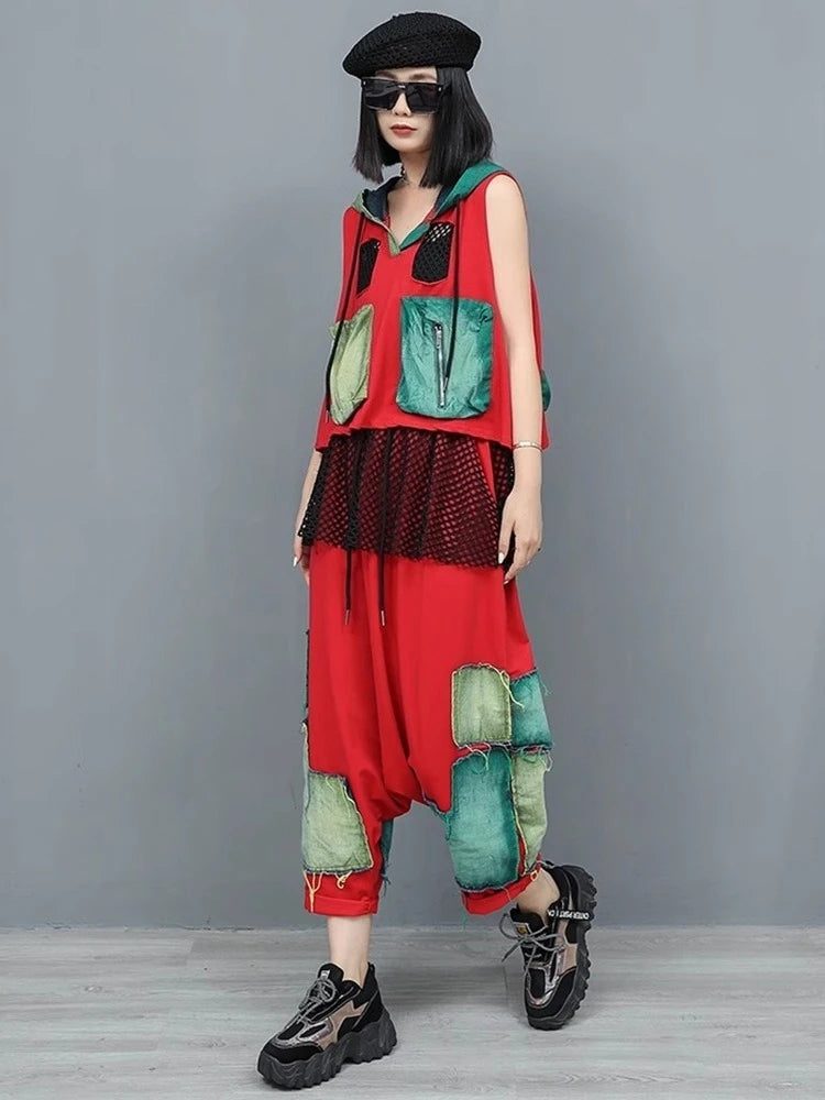 XITAO Patchwork Pocket Contrast Color Hooded Matching Set Casual Loose Fitting Elastic Waist Personality Women Sets GYX1650