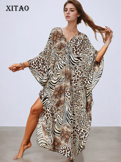 XITAO Leopard A-line Dress Vintage Side Slit V-neck Bat Wing Sleeve Loose Personality New Arrival Summer Woman Dress  GJ1172