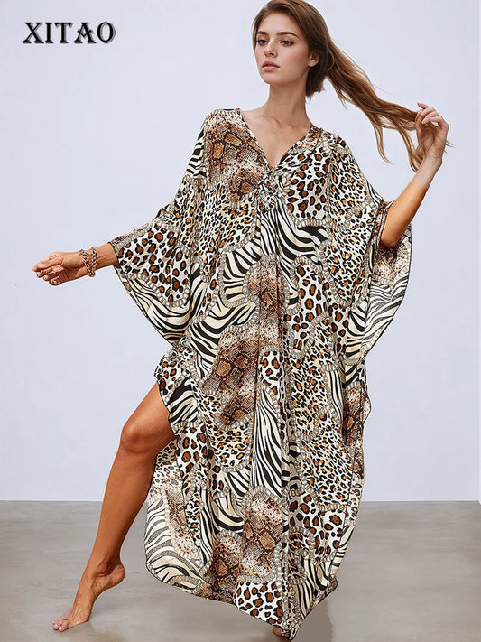 XITAO Leopard A-line Dress Vintage Side Slit V-neck Bat Wing Sleeve Loose Personality New Arrival Summer Woman Dress  GJ1172