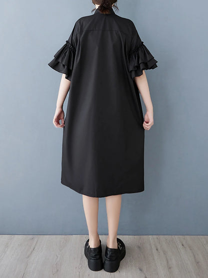 XITAO Ruffles Sleeve Single Breasted Dress New A-line Mid-calf Stand Collar O-neck Solid Color Summer Female Dress GMM1328