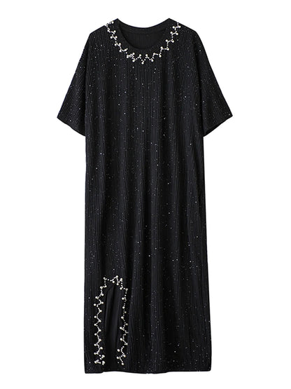 XITAO Vintage Asymmetric O-neck Dress Fashion Bead Patchwork Women Summer Solid Color Slimming Temperament Dress HQQ2481