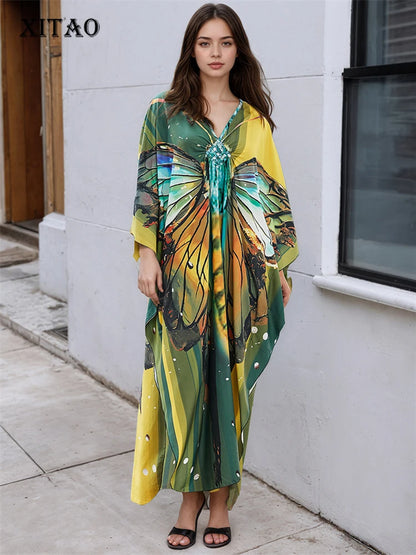 XITAO Butterfly Print Batwing Sleeve Pullover Dress Contrast Color V-neck Loose Temperament Ankle-length Women Dress GJ1144