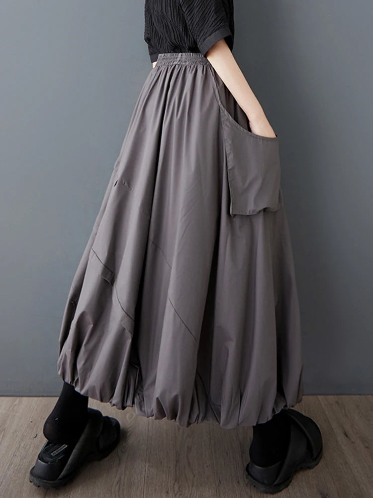 XITAO Bud Pocket Elastic Waist Skirt A-line Casual Loose Fit Solid Color Pleated Fashion Patchwork Summer Women Skirt HQQ2470