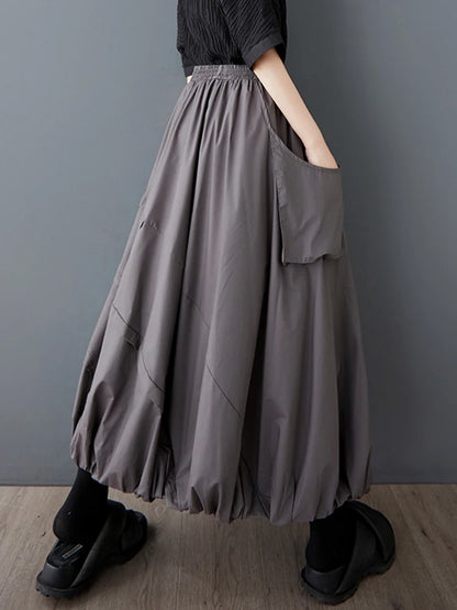 XITAO Bud Pocket Elastic Waist Skirt A-line Casual Loose Fit Solid Color Pleated Fashion Patchwork Summer Women Skirt HQQ2470