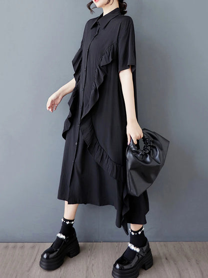 XITAO Irregular Edible Tree Fungus Shirt Dress Solid Color Loose Slimming Single Breasted Women Casual A-line Dress GYX1637
