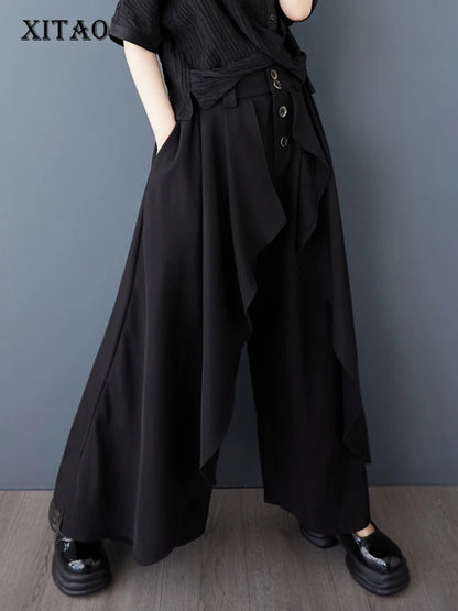 XITAO Wide Leg Elastic Waist Pant Casual Loose Button Fitting Solid Color Vintage All Match Summer New Women Pant ZMY1053