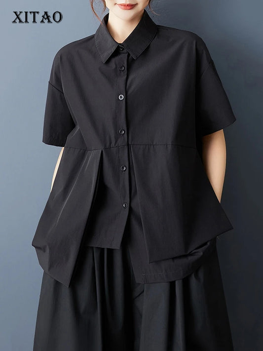 XITAO Single Breasted Loose Blouse Short Sleeve Casual Solid Color Asymmetrical Lapel Personality Summer Woman Shirts ZMY1221