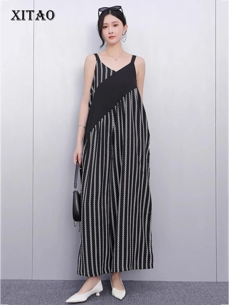 XITAO Patchwork Stripe Wide-leg Jumpsuit Casual Sleeveless New Rompers Loose Fitting Simple Spring Women Jumpsuit GYX1555