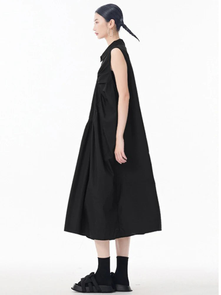 XITAO Pleated Zipper Turn-down Collar Dress Sleeveless A-line Patchwork Solid Color Simple Casual Summer Women Dress ZMY1051