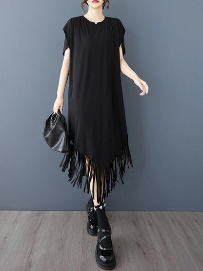 XITAO Asymmetrical Tassel Patchwork Women Dress Solid Color O-neck Pullover Short Sleeve Loose Mid-calf Casual Dress ZMY1170