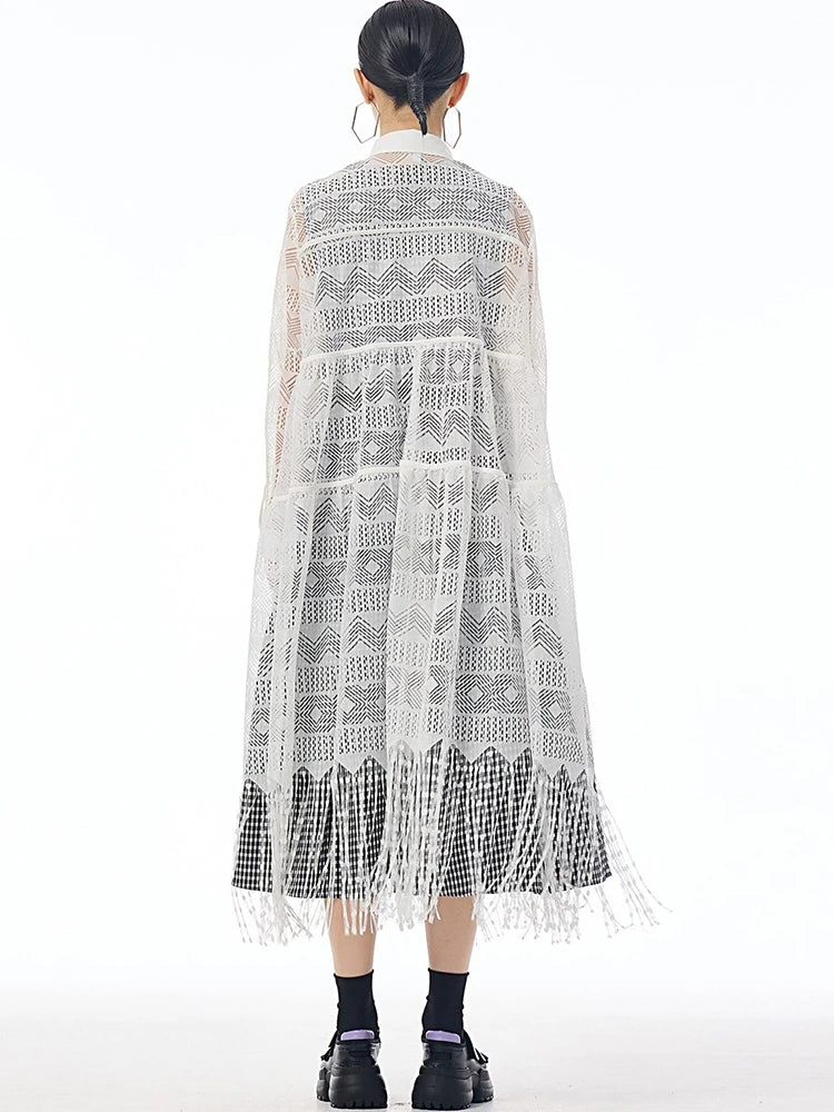 XITAO Lace Hollow Out Tassel Vintage Dresses Solid Color Turn-down Collar Single Breasted Loose Fashion 2024 Autumn LJ1084