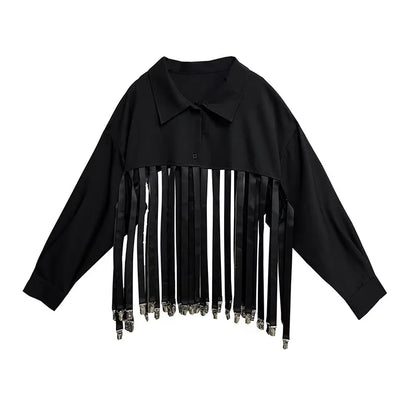 XITAO Patchwork Tassels Lapel Single Breasted Shirt Casual Loose Fitting Full Sleeve New Summer Personality Shirt GYX1619