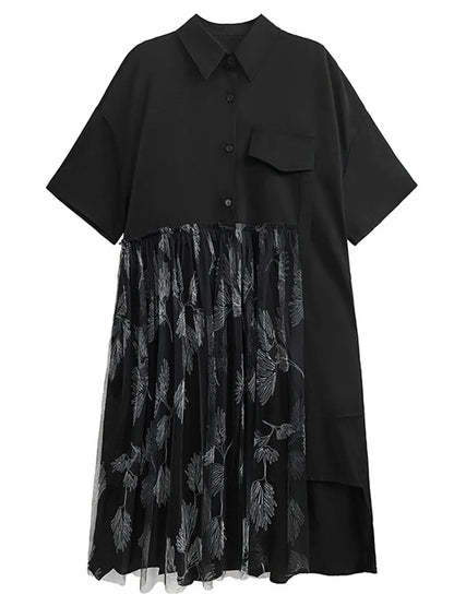 XITAO Loose Patchwork Shirt Dress Temperament Mesh Print Women Summer Short Sleeve Street Turn-down Collar Dress ZMY1078