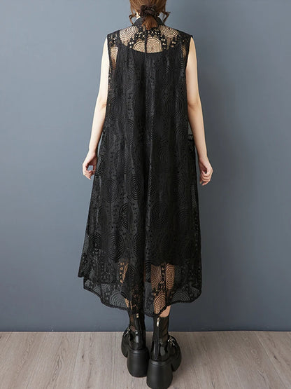 XITAO Patchwork Pocket Hollow Out Mesh Dress Casual Loose Fitting A-line Sleeveless Sweet New Arrival Summer Women Dress GYX1648