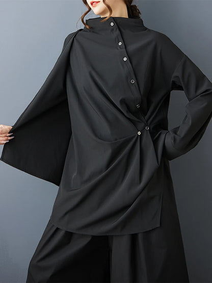XITAO Button Half High Collar Vintage Blouse Irregular Solid Color Fashion Slimming All-match Loose Casual Female Shirts ZMY1406