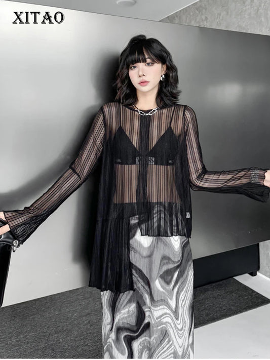 XITAO Gauze Patchwork Asymmetrical Perspective T-Shirts Solid Color Pullover O-neck Long Sleeve Slim Personality T-shirt ZMY1323