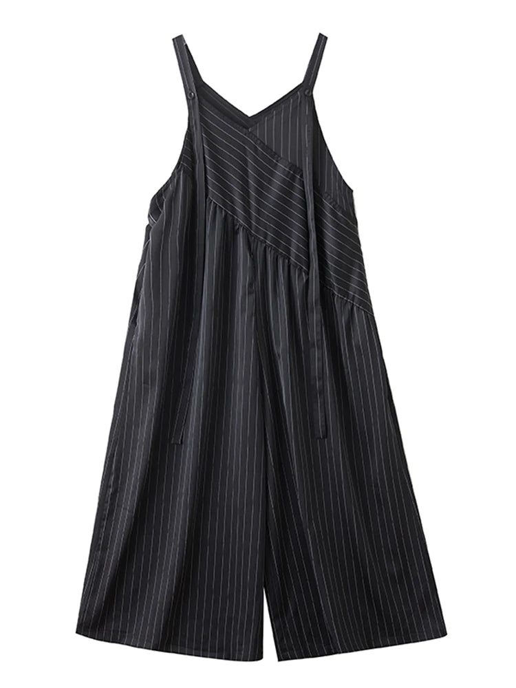 XITAO Striped Asymmetrical Casual Jumpsuits Loose Sleeveless V-neck Patchwork All-match Slimming Summer Woman Jumpsuits ZMY1404