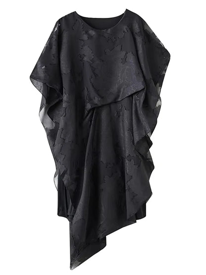 XITAO Jacquard Asymmetrical Folds Pullover Dress Solid Color O-neck Loose Temperament All Match Slimming Casual Dress ZMY1178
