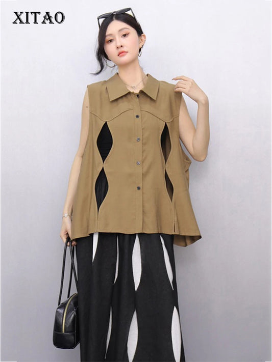 XITAO Hollow Out Lapel Single Breasted Vest Casual Solid Color Loose Fashion Sleeveless New Arrival Simple Female Vest GYX1620