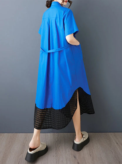 XITAO Loose Patchwork Mesh Dress Casual Slimming Single Breasted Women Summer Short Sleeve Turn-down Collar Dress ZMY1209