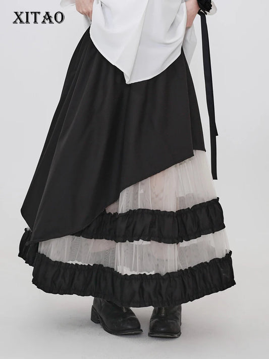 XITAO Gauze Patchwork Contrast Color Asymmetrical Skirt Elastic Waist Loose Casual Temperament A-line Slimming Skirt ZMY1352