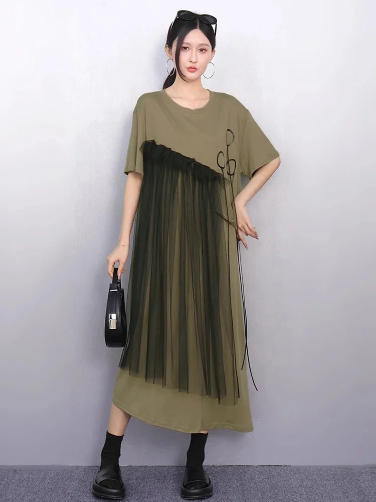 XITAO Irregular Solid Color Loose Dress O-neck Short Sleeve Gauze Patchwork Short Sleeve Elegant Summer Woman Dress ZMY1376