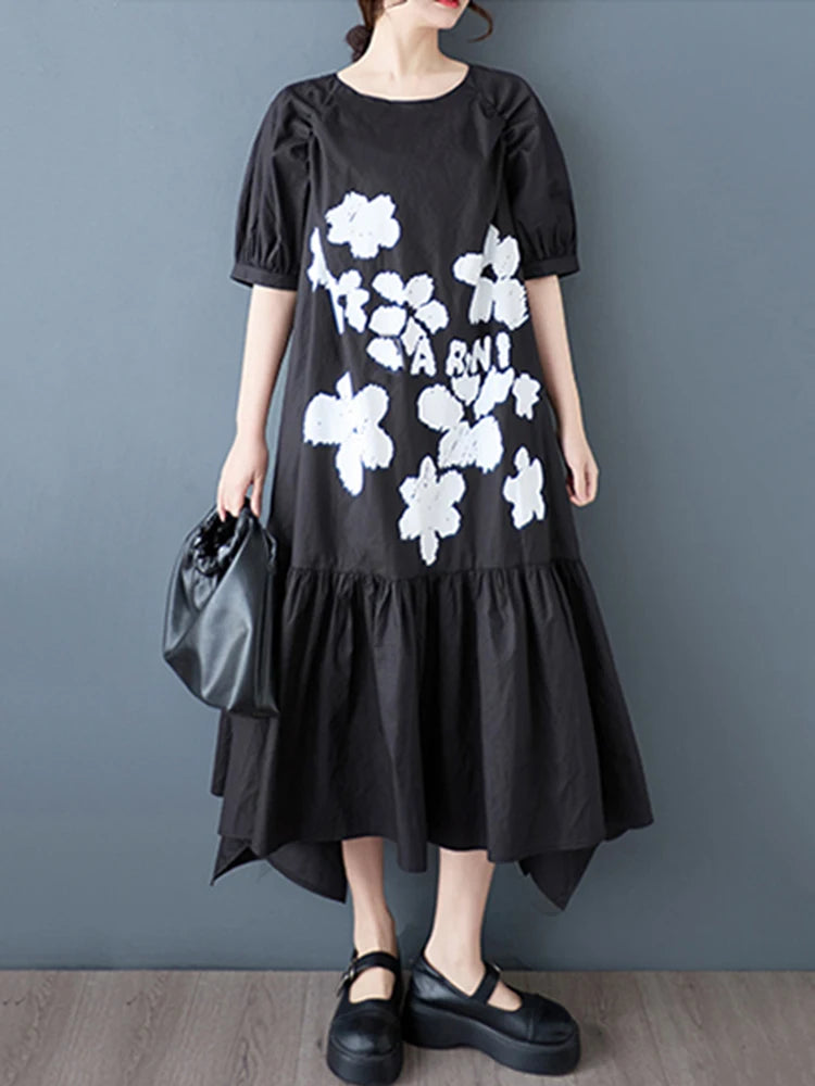 XITAO Asymmetrical Patchwork Print Folds Dress O-neck Pullover Short Sleeve Loose A-line Slimming Casual All Match GYX1623