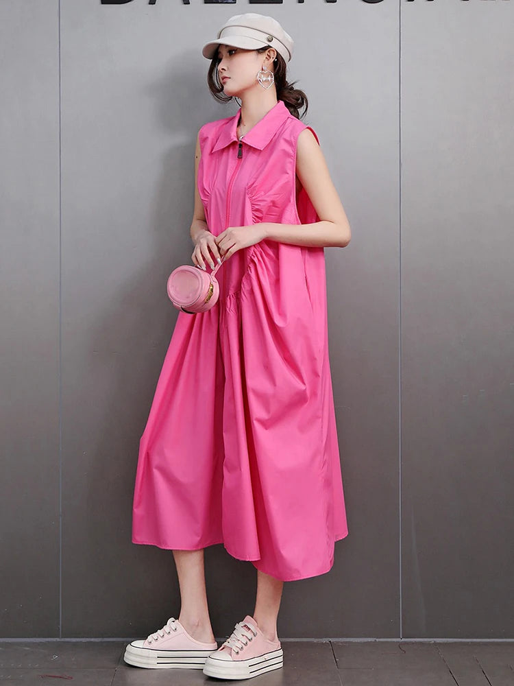 XITAO Fold Zipper Sleeveless Turn-down Collar Dress Solid Color Patchwork Pocket Loose Casual Slimming All Match Dress HQQ2445