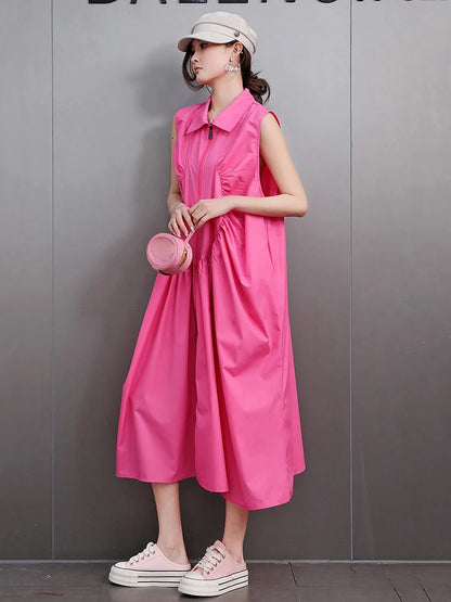 XITAO Fold Zipper Sleeveless Turn-down Collar Dress Solid Color Patchwork Pocket Loose Casual Slimming All Match Dress HQQ2445