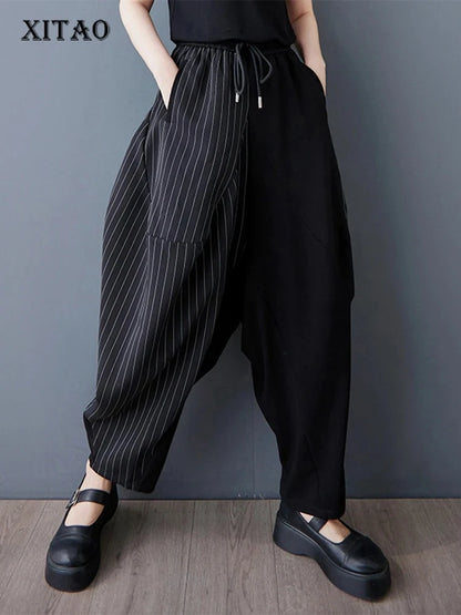 XITAO Stripe Drawstring Patchwork Pant Elastic Waist Hong Kong New Casual Loose Fitting Personality Spring Women Pant ZMY1054