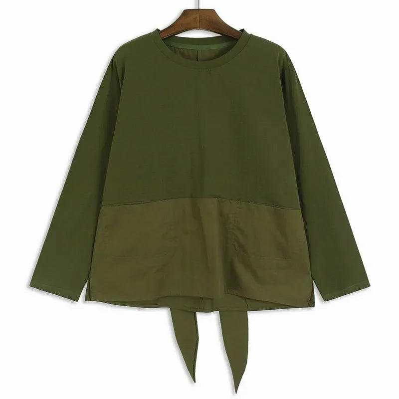 XITAO O-neck Pocket Patchwork T-Shirts Long Sleeve Pullover Loose Personality Casual Tops 2024 Autumn New All Match HQQ2404