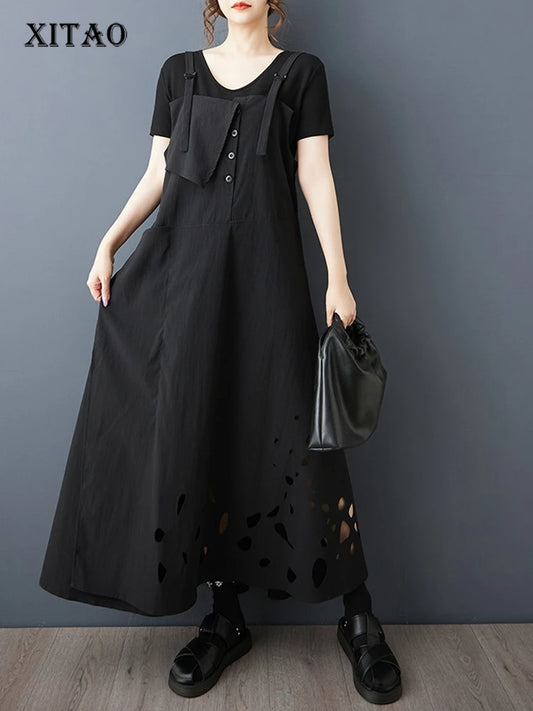 XITAO Hollow Out Solid Color Dress Loose Vintage Casual Sleeveless Asymmetrical Simple Patchwork Summer Woman Dress ZMY1401