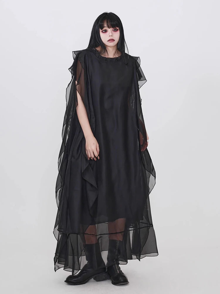 XITAO Gauze Patchwork Pullover Dress Short Sleeve Solid Color Loose O-neck Slim Solid Color All Match Temperament Dress ZMY1392
