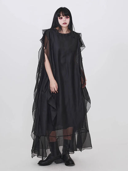 XITAO Gauze Patchwork Pullover Dress Short Sleeve Solid Color Loose O-neck Slim Solid Color All Match Temperament Dress ZMY1392