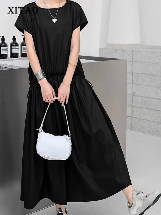 XITAO Pleated O-neck Edible Tree Fungus Female Dress Drawstring Solid Color Loose Fitting A-line Summer Women Dress ZMY1330