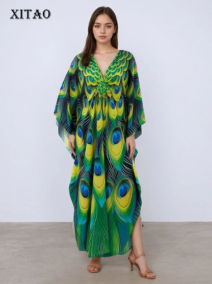 XITAO Batwing Sleeve Print Contrast Color Pullover Dress V-neck Loose New Temperament Ankle-length Women Dress Summer GJ1143