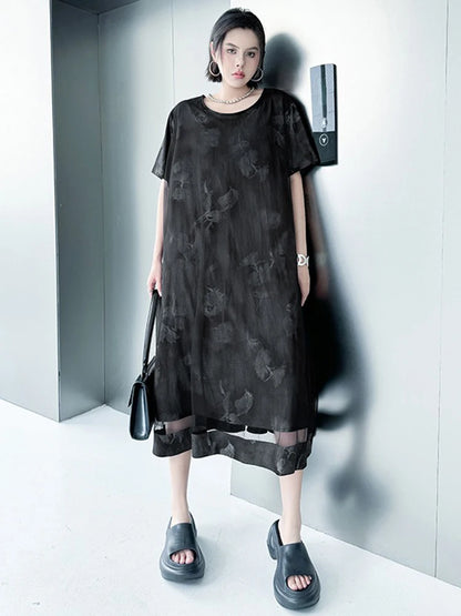 XITAO Print Patchwork Gauze Female Dress Short Sleeve O-neck A-line Loose Elegant Temperament Summer Woman Dress ZMY1239