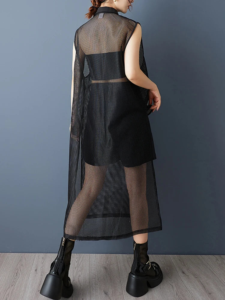XITAO Irregular Hollow Out Sleeveless Shirt Turn-down Collar Solid Color All-match Vintage Loose Summer Woman Shirt ZMY1231