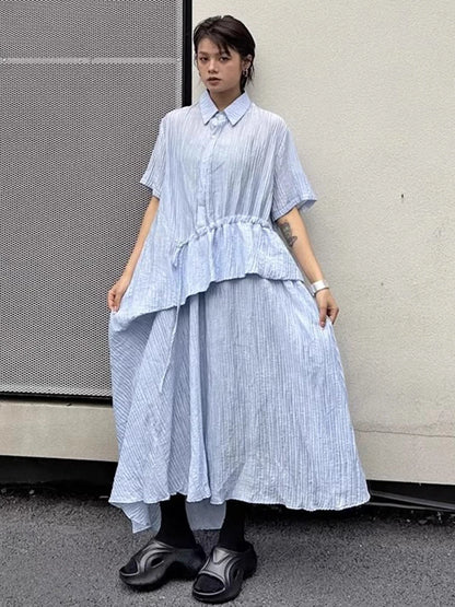 XITAO Irregular Striped Drawstring Dress Turn-down Collar Loose Casual Short Sleeve Personality Summer Woman Dress HQQ2490
