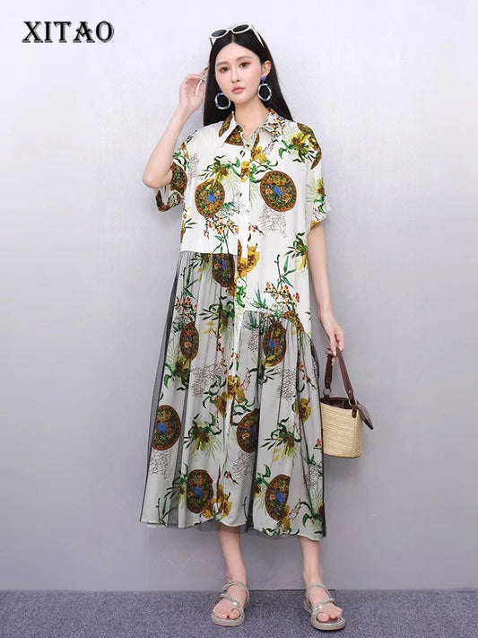 XITAO Gauze Patchwork Print Contrast Color Dress Turn-down Collar Single Breasted Short Sleeve Loose Casual Match Dress ZMY1334
