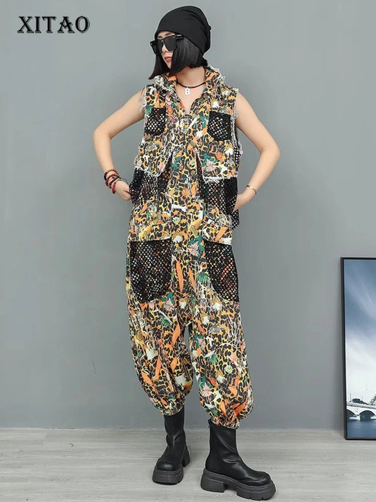 XITAO Patchwork Mesh Pocket Lapel Two Piece Jumpsuit Women Casual Loose Fitting Sleeveless Top Personality Summer GYX1611