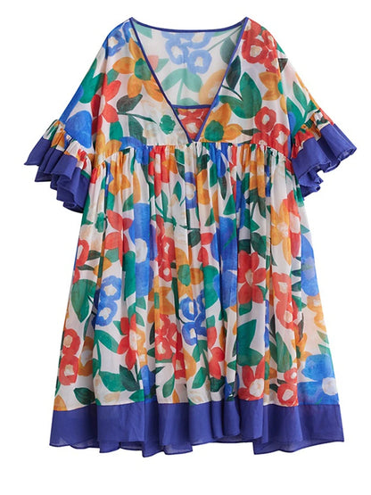 XITAO V-neck Print Patchwork Dress Edible Tree Fungus Slimming Elegant Small Fresh Loose Pleated Summer Woman Dress ZMY1256