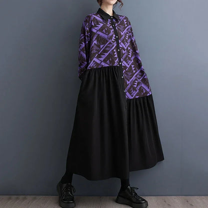 XITAO Asymmetrical Patchwork Print Shirt Dress Turn Down Collar Single Breasted Long Sleeve Autumn A-line Women New HQQ2174