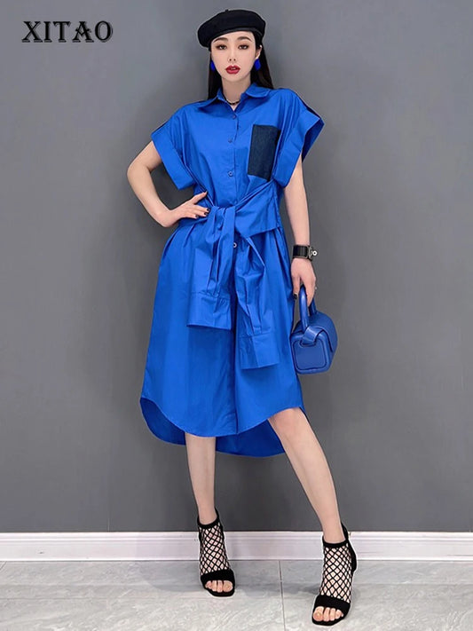 XITAO Irregular Casual Shirt Dress Fashion Personality Patchwork Women Loose Single Breasted A-line Simple Dress ZMY1076