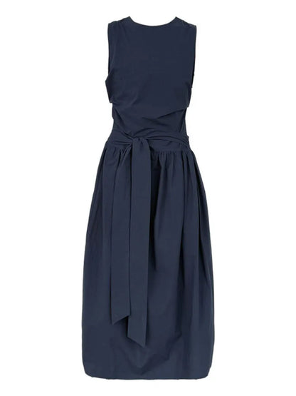 XITAO Drawstring Pleated Loose Dress O-neck Temperament Sleeveless Solid Color Simple Slim All-match Summer Woman Dress ZMY1289