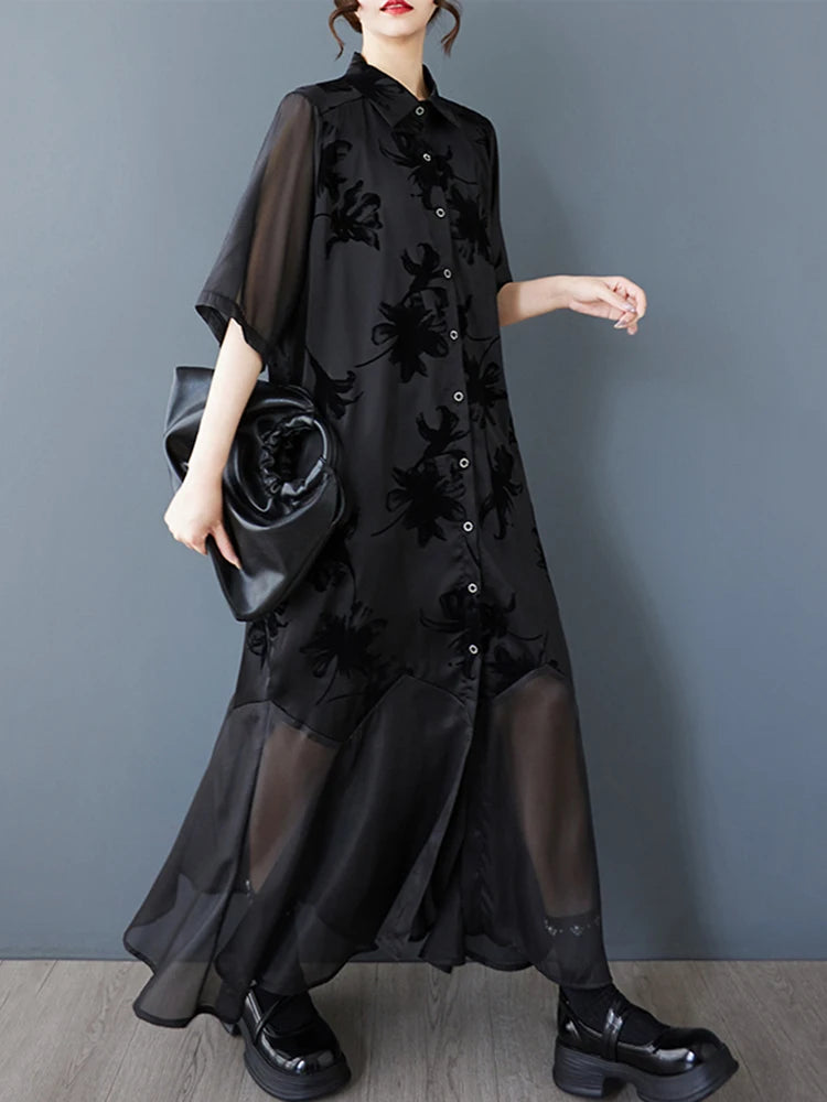 XITAO Gauze Loose Patchwork Female Dress Print Vintage Single Breasted All-match Half Sleeve Summer Woman Shirt Dress ZMY1242