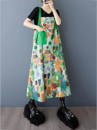 XITAO Print Pocket Sleeveless Dress Straps A-line Contrast Color Casual Loose Fitting All Match New Summer Women Dress HQQ2473