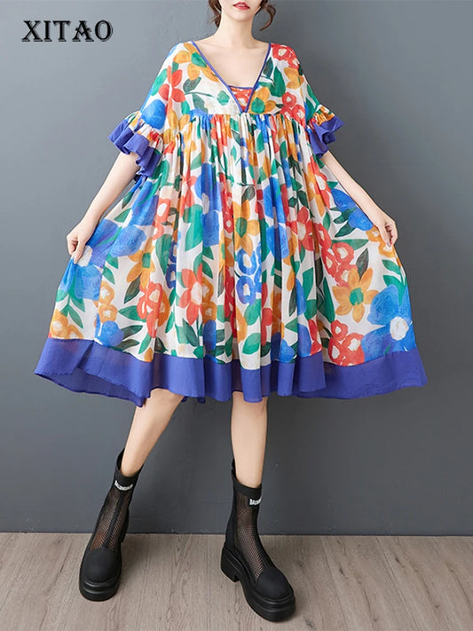 XITAO V-neck Print Patchwork Dress Edible Tree Fungus Slimming Elegant Small Fresh Loose Pleated Summer Woman Dress ZMY1256
